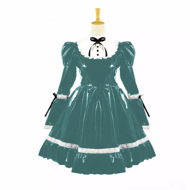 Turtleneck PVC Leather Maid Cosplay Lingerie Puff Long Sleeve Sweet Bow Splice White Lolita Dress Kawaii Waitress Maid Outfit