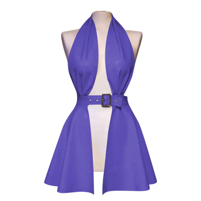 Erotic Halter Backless Hollow Out Sexy Dress Women Pole Dance Mini Faux Latex Dress Sexy Lingere Fetish Front Slit Pleated Dress