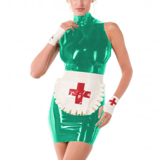 Erotic Role Play Nurse Career Cosplay High Neck PVC Leather Pencil Mini Dress Women Halloween Costume Sexy Nurse Dress Plus Size