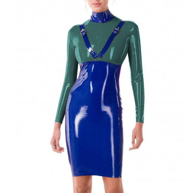 Patchwork Blue Turtleneck PVC Leather Slim Fit Hip Wrap Bodycon Dress Women Long Sleeve Sexy Hobble Dress for Club Cocktail