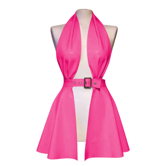 Erotic Halter Backless Hollow Out Sexy Dress Women Pole Dance Mini Faux Latex Dress Sexy Lingere Fetish Front Slit Pleated Dress
