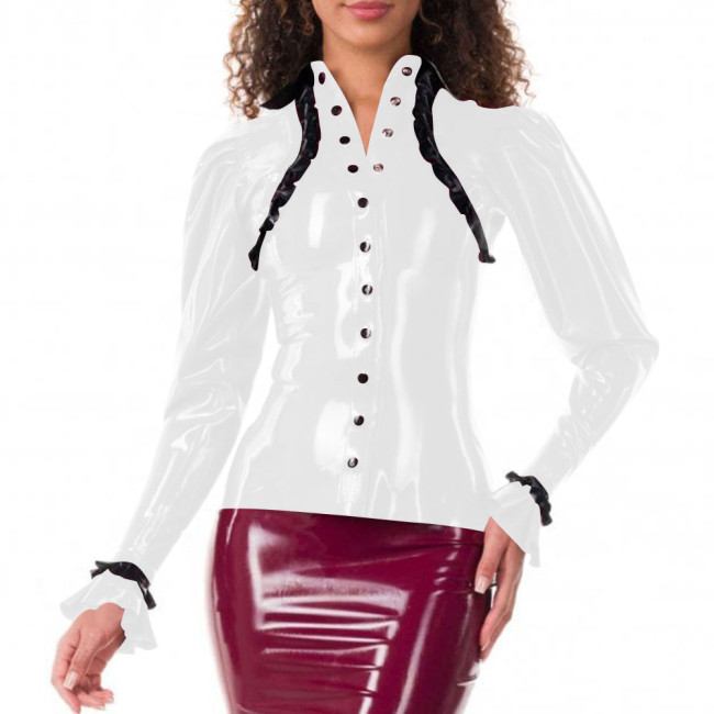 Elegance Ruffles Stand Collar Slim Fit PVC Women Shirt Faux Latex Single-breasted Long Sleeve Office Lady Bodycon Womens Tops