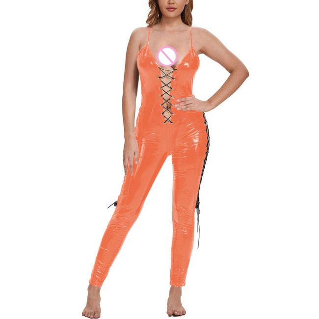 Erotic Spaghetti Strap Frenum PVC Leather Jumpsuits Women Club Party Hollow Out One Piece Romper Plus Size Rave Nightclub Zentai