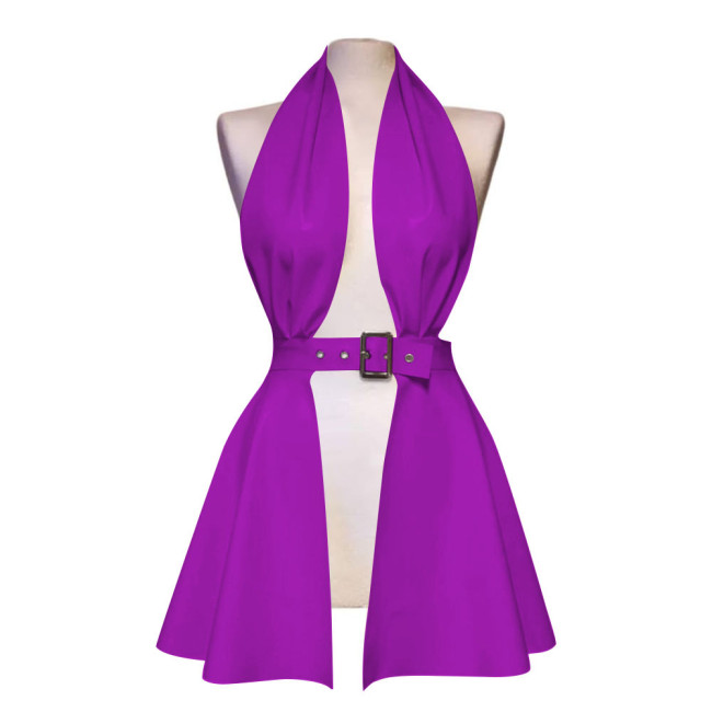 Erotic Halter Backless Hollow Out Sexy Dress Women Pole Dance Mini Faux Latex Dress Sexy Lingere Fetish Front Slit Pleated Dress