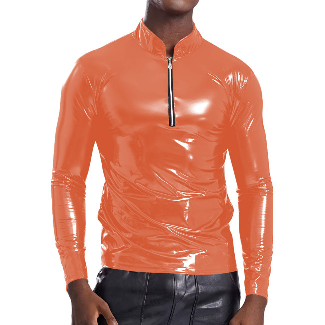 Glossy Stand Collar Tights T-Shirt Mens Punk Style Zipper Nightclub Tops Fashion Male Tee Shirt Shiny PVC Solid Tops Clubwear