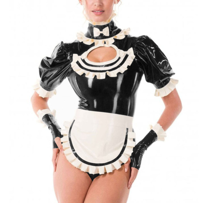 Sissy Fancy French Maid Uniforms Cross Dresser Cosplay Dress Outfits Ruffles Collar Short Sleeved PVC Shiny Bodysuit with Apron