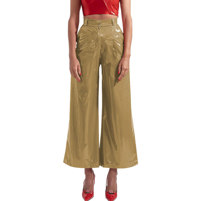 High Waist Wide Leg Pants 2025 Women PVC Leather Solid Color Loose Long Pants Hip Hop Party Casual Slim Fit Faux Latex Pants