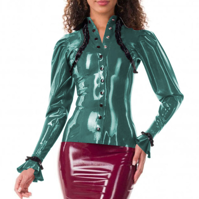 Elegance Ruffles Stand Collar Slim Fit PVC Women Shirt Faux Latex Single-breasted Long Sleeve Office Lady Bodycon Womens Tops