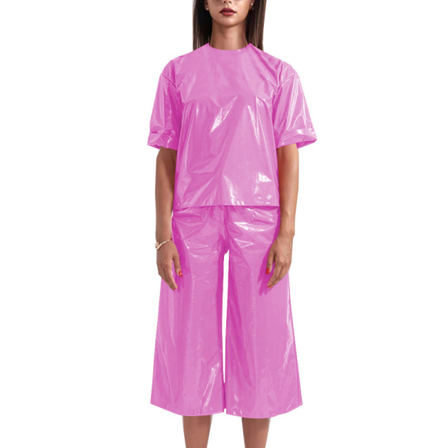 Wetlook Womens Two Peice Sets Short Sleeve Loose Casual Tops Summer PVC Leather High Waist Straight-leg Pant Sets Daily Wear