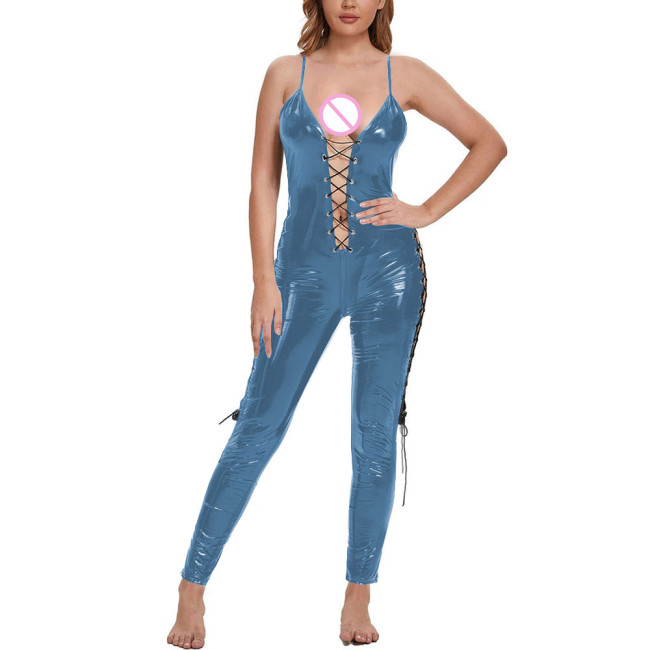 Erotic Spaghetti Strap Frenum PVC Leather Jumpsuits Women Club Party Hollow Out One Piece Romper Plus Size Rave Nightclub Zentai