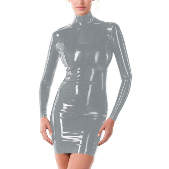 Sexy Club Long Sleeve Bodycon Tight Solid Dress for Women High Neck Faux Latex Stretch Bodycon Hobble Mini Dress Casual Vestido