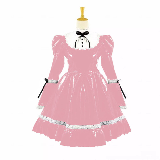 Turtleneck PVC Leather Maid Cosplay Lingerie Puff Long Sleeve Sweet Bow Splice White Lolita Dress Kawaii Waitress Maid Outfit