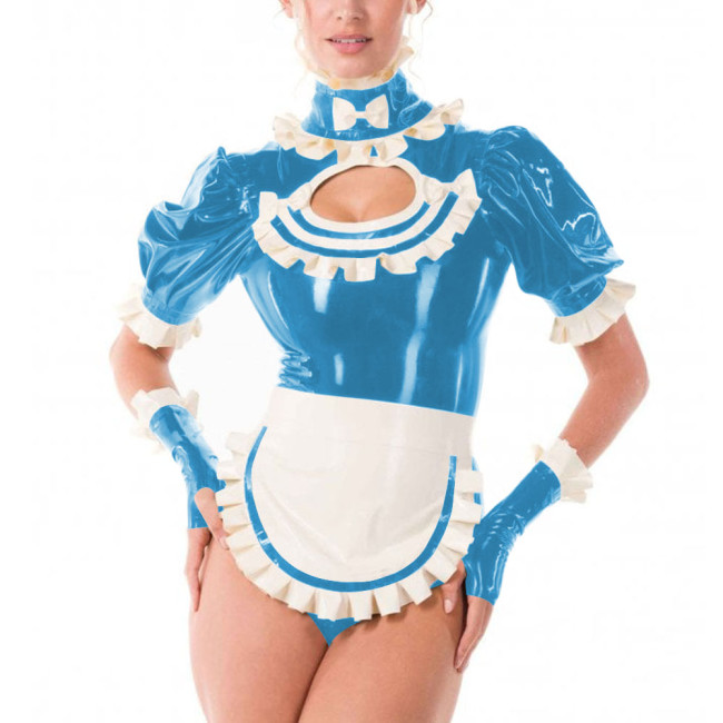 Sissy Fancy French Maid Uniforms Cross Dresser Cosplay Dress Outfits Ruffles Collar Short Sleeved PVC Shiny Bodysuit with Apron