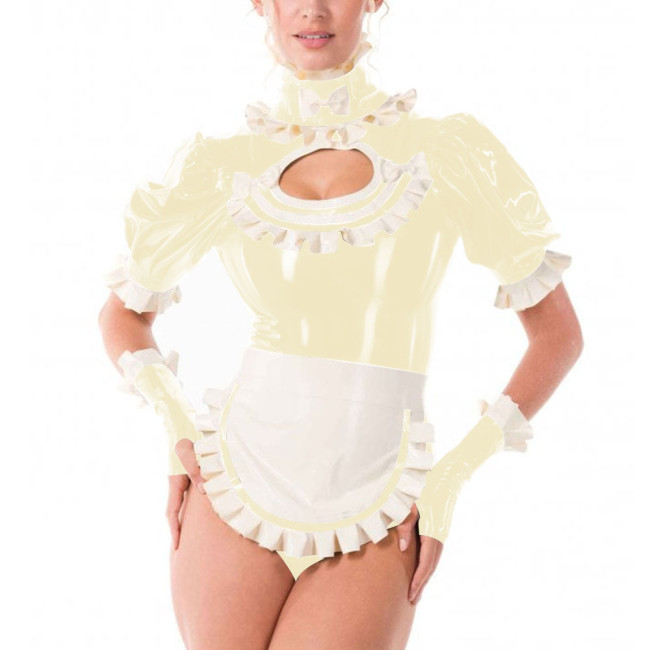 Sissy Fancy French Maid Uniforms Cross Dresser Cosplay Dress Outfits Ruffles Collar Short Sleeved PVC Shiny Bodysuit with Apron
