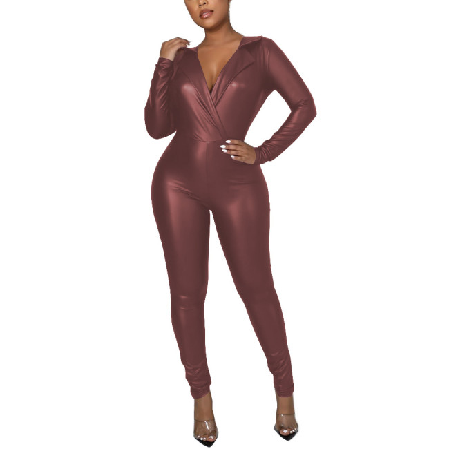 Fetish V-neck Overalls for Women PU Leather Long Sleeve Bodycon Jumpsuits Vintage Stretch Slim Fit Faux Leather Rompers Exotic