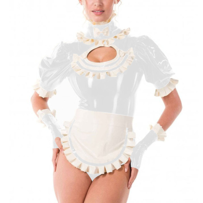 Sissy Fancy French Maid Uniforms Cross Dresser Cosplay Dress Outfits Ruffles Collar Short Sleeved PVC Shiny Bodysuit with Apron