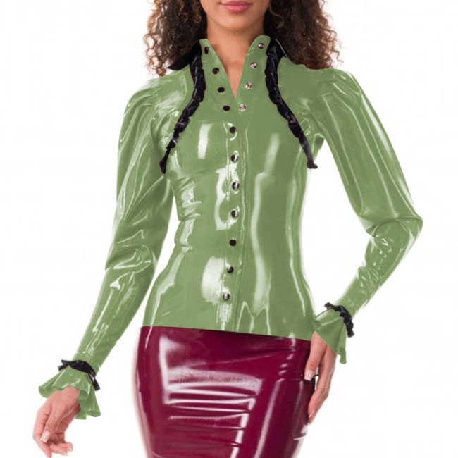Elegance Ruffles Stand Collar Slim Fit PVC Women Shirt Faux Latex Single-breasted Long Sleeve Office Lady Bodycon Womens Tops