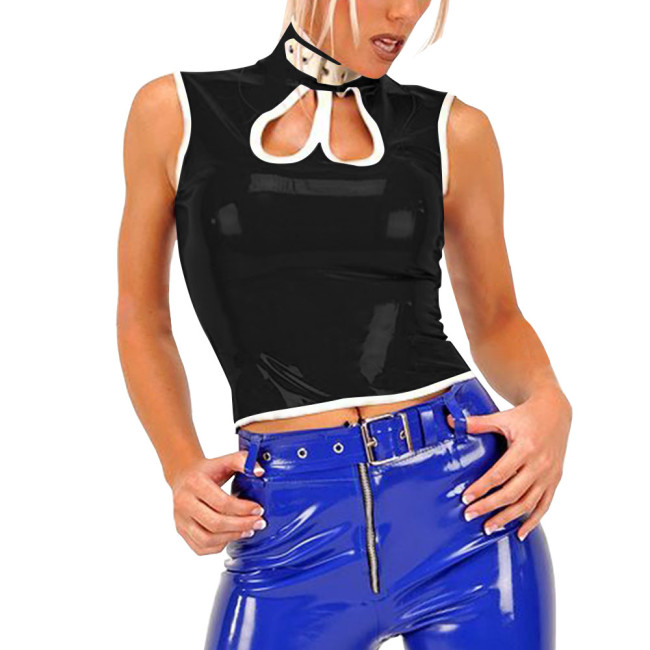 Sexy Gothic PVC Shiny Tops Women Slim Fit Glossy Hollow Out Vest Punk Style Tank T-shirt Fashion Sleeveless Club Tees Party Wear