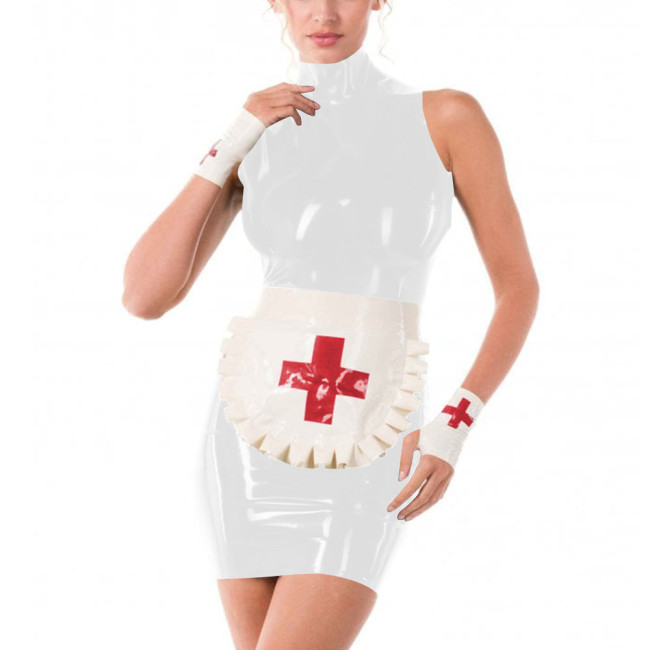Erotic Role Play Nurse Career Cosplay High Neck PVC Leather Pencil Mini Dress Women Halloween Costume Sexy Nurse Dress Plus Size