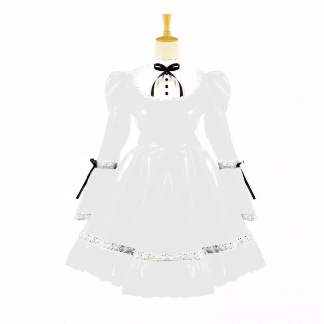 Turtleneck PVC Leather Maid Cosplay Lingerie Puff Long Sleeve Sweet Bow Splice White Lolita Dress Kawaii Waitress Maid Outfit