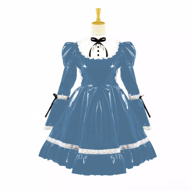Turtleneck PVC Leather Maid Cosplay Lingerie Puff Long Sleeve Sweet Bow Splice White Lolita Dress Kawaii Waitress Maid Outfit