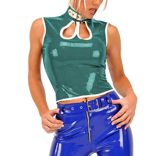 Sexy Gothic PVC Shiny Tops Women Slim Fit Glossy Hollow Out Vest Punk Style Tank T-shirt Fashion Sleeveless Club Tees Party Wear