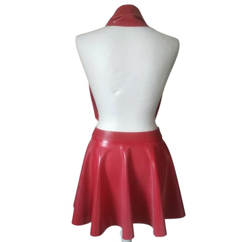 Erotic Halter Backless Hollow Out Sexy Dress Women Pole Dance Mini Faux Latex Dress Sexy Lingere Fetish Front Slit Pleated Dress