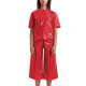 Wetlook Womens Two Peice Sets Short Sleeve Loose Casual Tops Summer PVC Leather High Waist Straight-leg Pant Sets Daily Wear