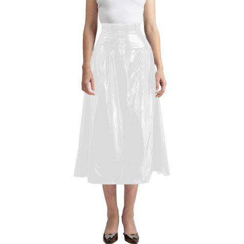 New Fashion High Waist Faux Latex Long Skirt Women PVC Leather A-line Pleated Skirt Wetlook Zipper Back Red Black Casual Skirts