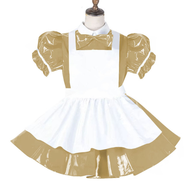 Sissy Lockable Maid Sweet Lolita Dress PVC Leather French Puff Sleeve A-line Black Lolita Dress Role Play Cosplay Maid Outfit