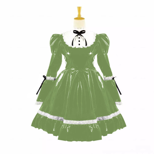 Turtleneck PVC Leather Maid Cosplay Lingerie Puff Long Sleeve Sweet Bow Splice White Lolita Dress Kawaii Waitress Maid Outfit