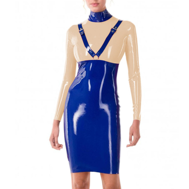 Patchwork Blue Turtleneck PVC Leather Slim Fit Hip Wrap Bodycon Dress Women Long Sleeve Sexy Hobble Dress for Club Cocktail