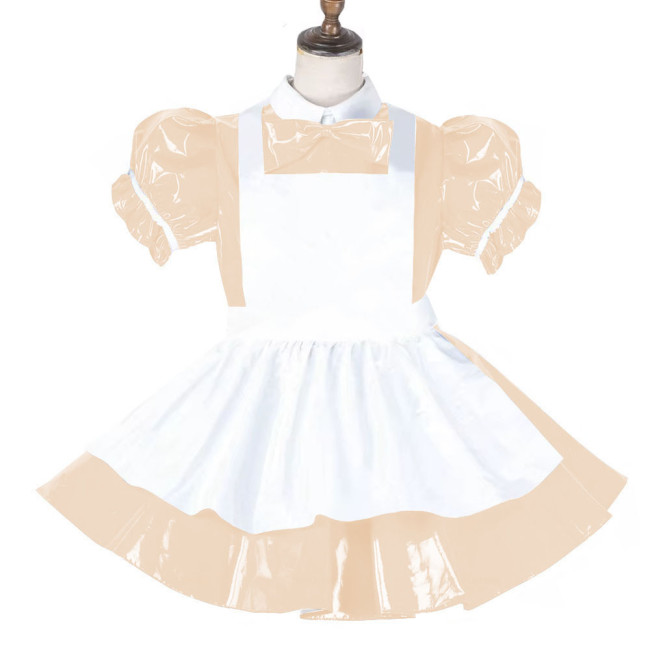 Sissy Lockable Maid Sweet Lolita Dress PVC Leather French Puff Sleeve A-line Black Lolita Dress Role Play Cosplay Maid Outfit