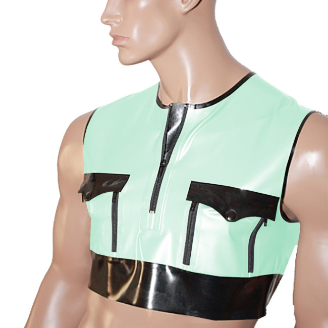 Mens Sissy Tank Top Patent Leather Patchwork Sleeveless O Neck Sport Clothes Men Gym Crop Top Sexy Club Gay Male PVC Summer Tops