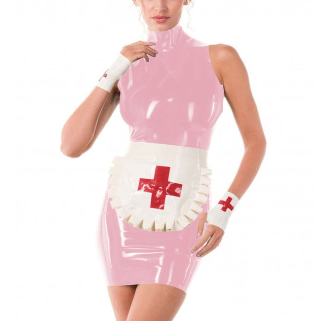 Erotic Role Play Nurse Career Cosplay High Neck PVC Leather Pencil Mini Dress Women Halloween Costume Sexy Nurse Dress Plus Size