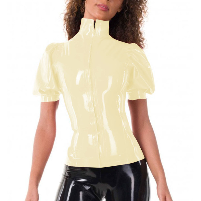 Ladies Tops Puff Short Sleeve Elegance High Neck PVC Leather Slim Fit Blouses Front Zipper Women Tops Office Business Daily Wear