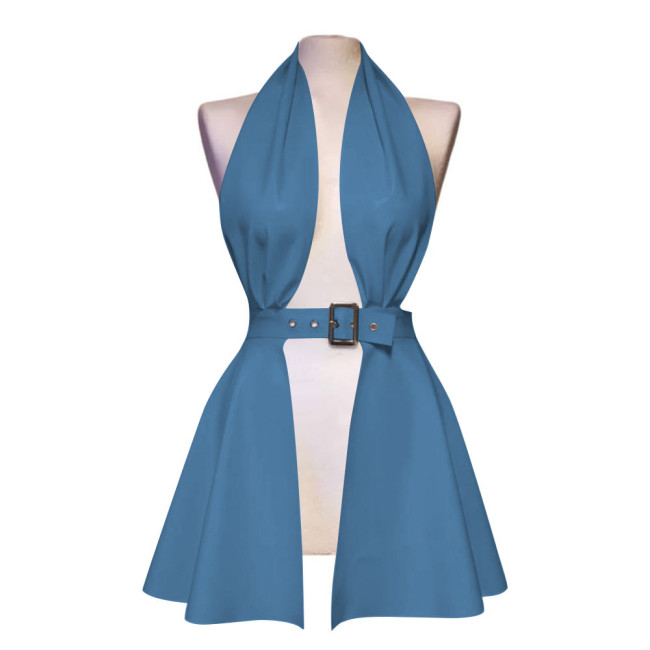 Erotic Halter Backless Hollow Out Sexy Dress Women Pole Dance Mini Faux Latex Dress Sexy Lingere Fetish Front Slit Pleated Dress
