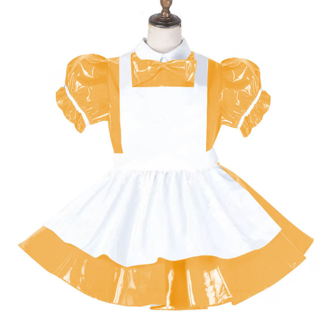 Sissy Lockable Maid Sweet Lolita Dress PVC Leather French Puff Sleeve A-line Black Lolita Dress Role Play Cosplay Maid Outfit