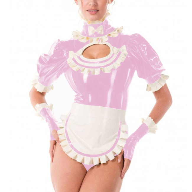 Sissy Fancy French Maid Uniforms Cross Dresser Cosplay Dress Outfits Ruffles Collar Short Sleeved PVC Shiny Bodysuit with Apron