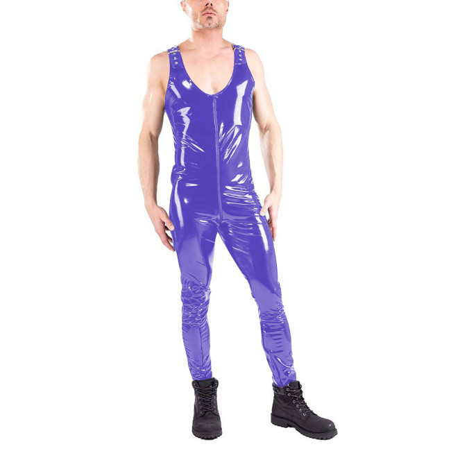 Fetish Mens Zip Open Crotch Sleevelss Jumpsuits Plus Size Stretch Slim Fit PVC Leather Jumpsuits Nightclub One Piece Overalls