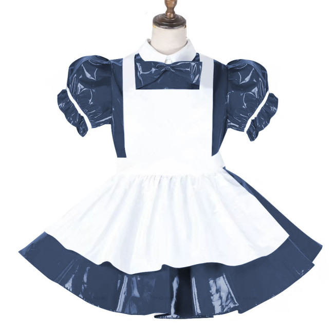 Sissy Lockable Maid Sweet Lolita Dress PVC Leather French Puff Sleeve A-line Black Lolita Dress Role Play Cosplay Maid Outfit