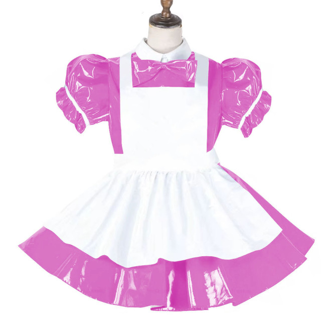 Sissy Lockable Maid Sweet Lolita Dress PVC Leather French Puff Sleeve A-line Black Lolita Dress Role Play Cosplay Maid Outfit