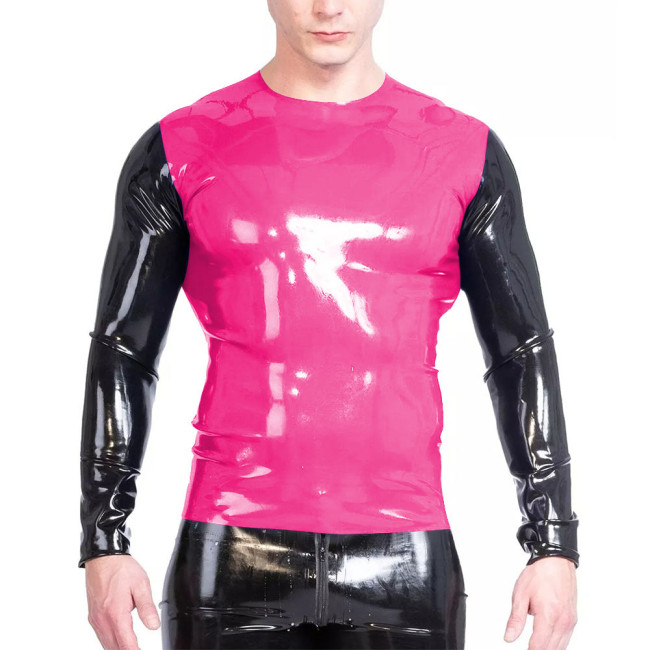 Fashion Faux Latex T Shirt Men Gothic Patchwork Long Sleeve Slim Fit O-neck T-Shirts Tops Outdoor Mens Oversize Tees Daily Wear