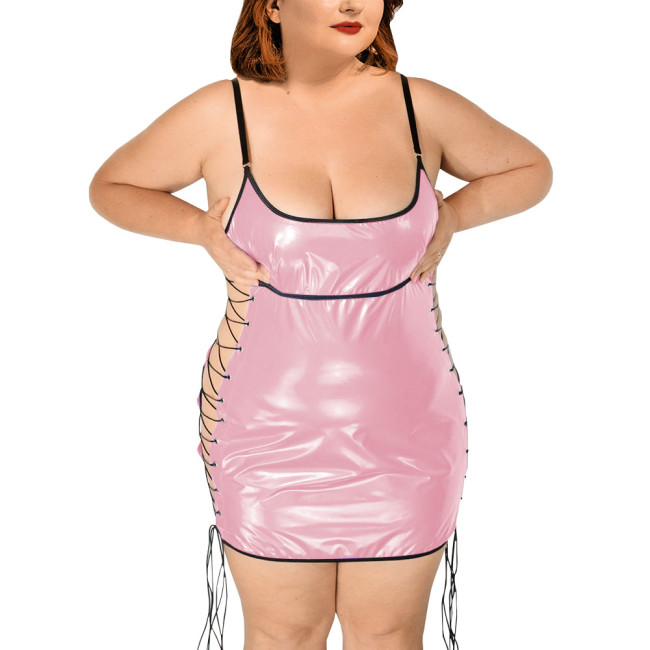 Exotic Dresses Wetlook Women Plunging Neckline Slip Dress PVC Leather Side Hollow Out Sexy Club Lace-up Bodycon Dress Pole Dance