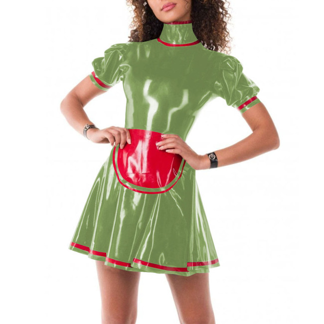 French Sweet Puff Sleeve Turtleneck Maid Dress Faux Latex Cosplay Costumes Pleated Mini Dress Sissy Cute Japanese Maid Outfit
