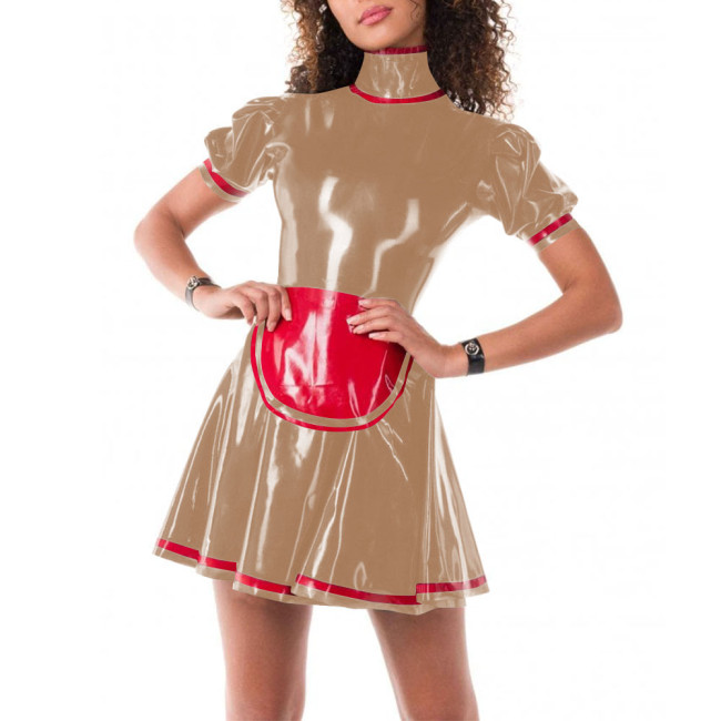 French Sweet Puff Sleeve Turtleneck Maid Dress Faux Latex Cosplay Costumes Pleated Mini Dress Sissy Cute Japanese Maid Outfit