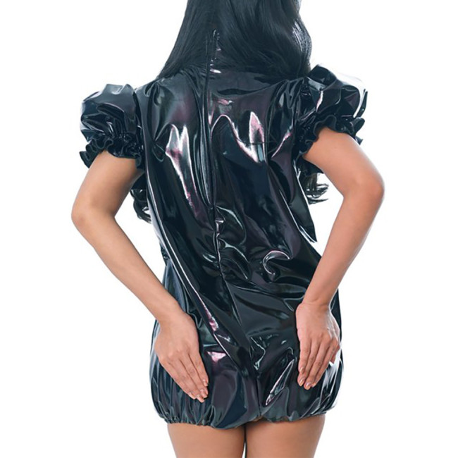 Turtleneck PVC Leather Summer Rompers Short Sleeve Latex Look Playsuits Sexy Lingerie Solid Stretch Bodysuit Pole Dance Wear