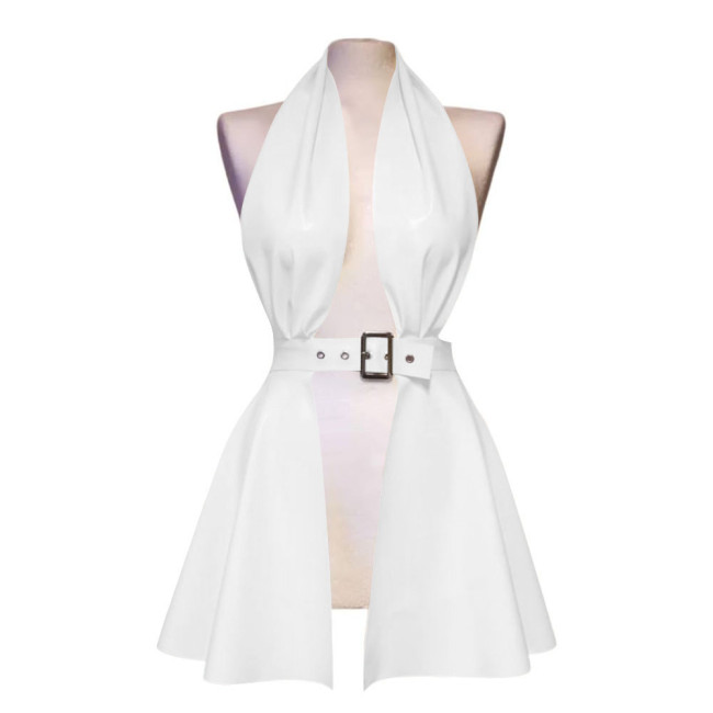 Erotic Halter Backless Hollow Out Sexy Dress Women Pole Dance Mini Faux Latex Dress Sexy Lingere Fetish Front Slit Pleated Dress