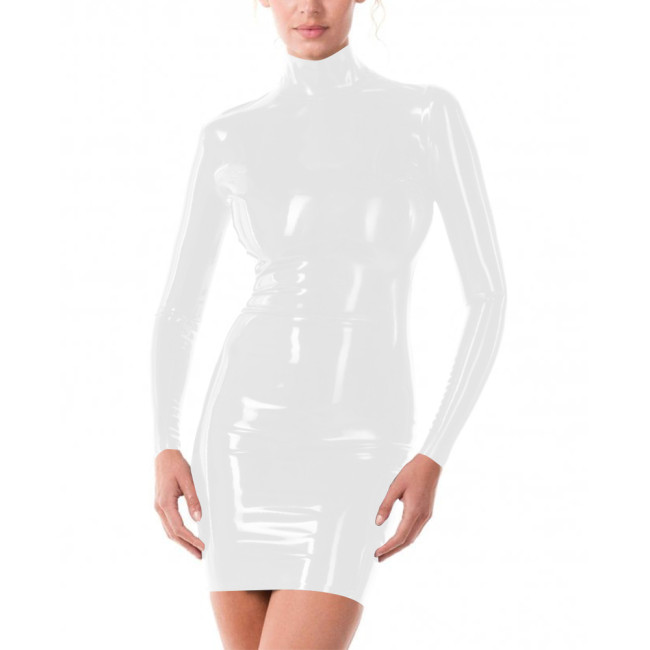 Sexy Club Long Sleeve Bodycon Tight Solid Dress for Women High Neck Faux Latex Stretch Bodycon Hobble Mini Dress Casual Vestido
