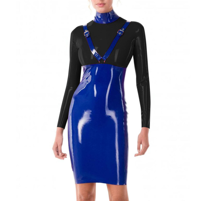 Patchwork Blue Turtleneck PVC Leather Slim Fit Hip Wrap Bodycon Dress Women Long Sleeve Sexy Hobble Dress for Club Cocktail